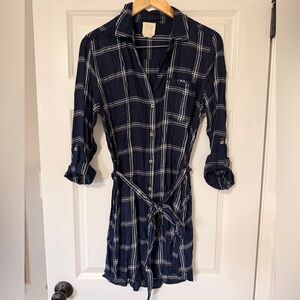 Navy Plaid Button-Front Shirt Dress with Tie Waist and Pockets